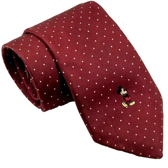 Mickey Mouse Cervantes Vtg Tie Disney World Maroon Red Repp Weave Polka Dots Y2K - Picture 1 of 9